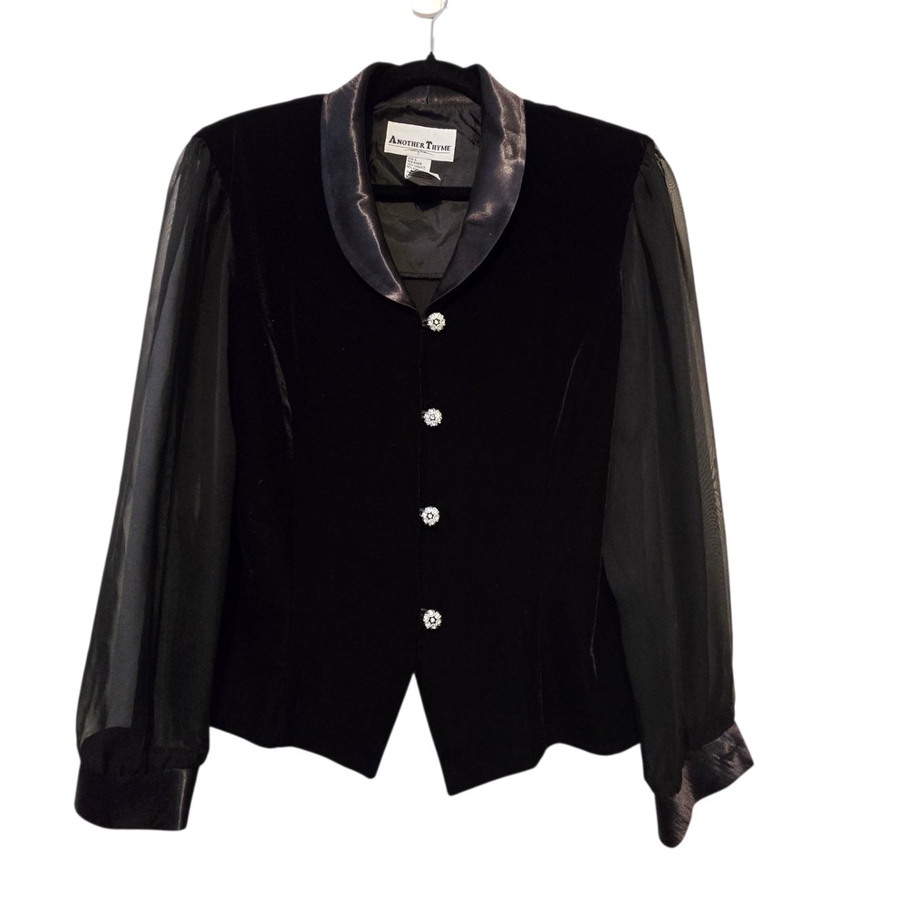 Vtg 90s Y2K Another Thyme Black Velvet Blouse LG Sheer Rhinestone Whimsigoth